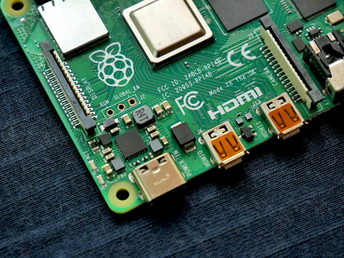 Close-up of a Raspberry Pi single-board computer